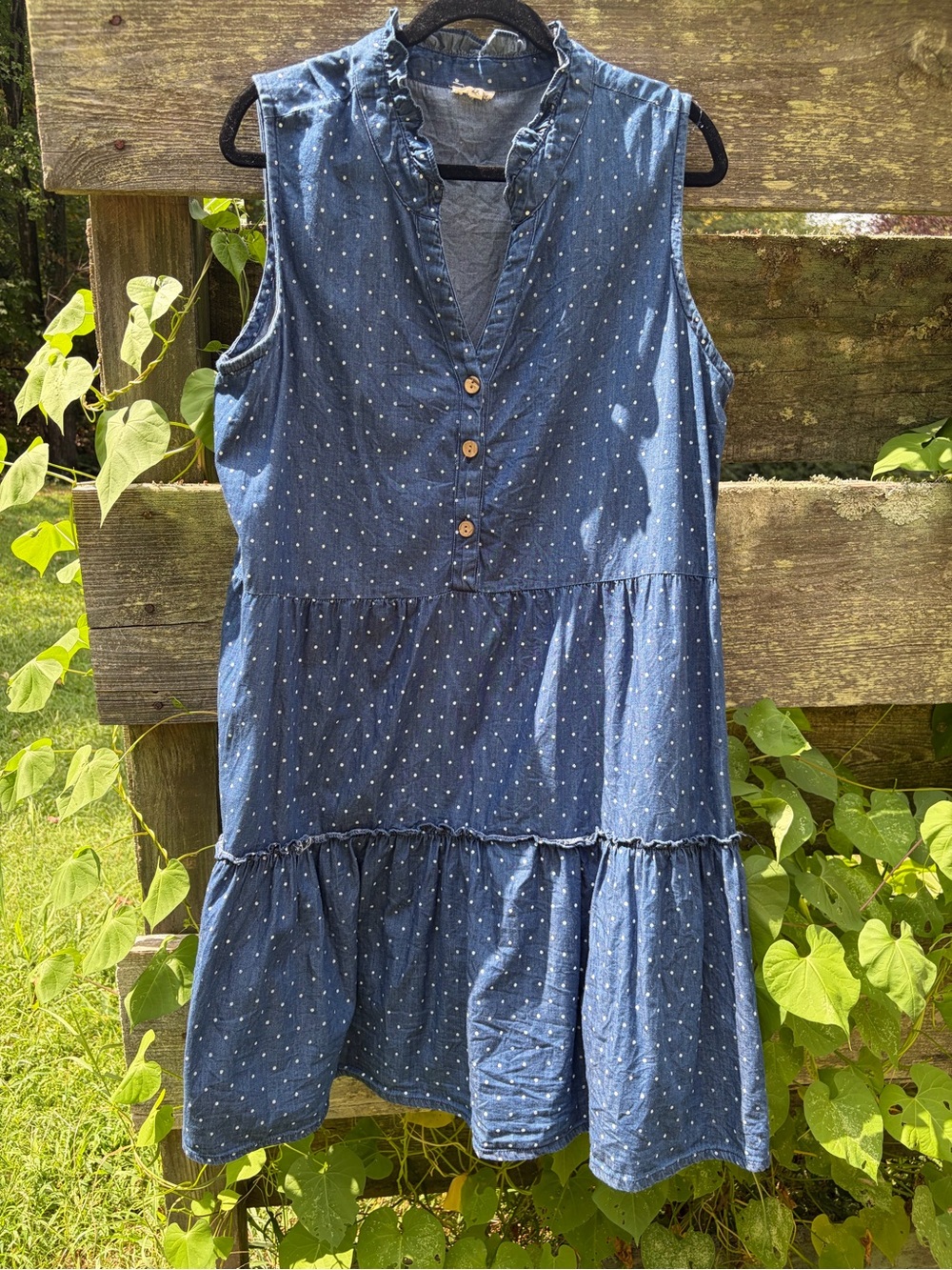 Kings Road Women's 3 Tiered Denim Polka Dot Sleeveless Dress Size 2X